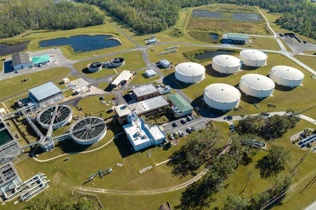 Aerial view of water treatment factory at city wastewater cleaning facility Purification process of removing undesirable chemicals suspended solids and gases from contaminated liquid