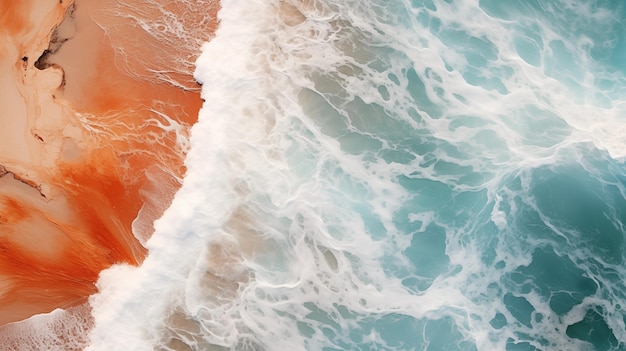 Aerial View of Waves Crashing on the Vibrant Orange Shoreline