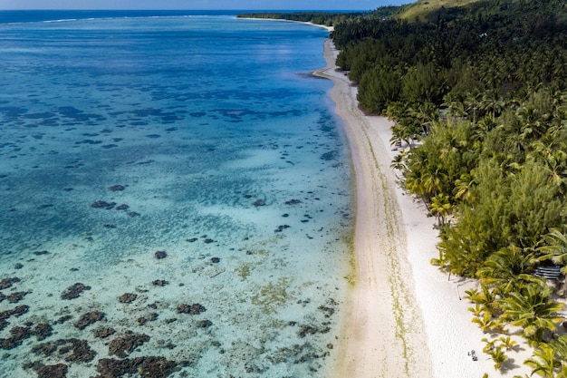 Aerial view of waves on reef of polynesia Cook islands