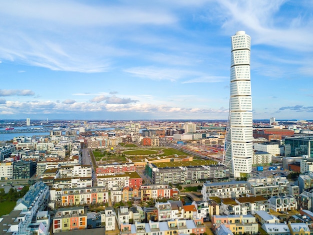 Aerial view of the west harbor area with the Turning Torso skyscraper in Malmo, Sweden