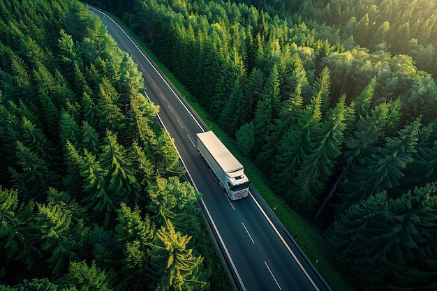 Photo aerial view of white cargo truck on the highway among green tall trees road through the forest