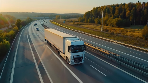 Photo aerial view white semi trailer trucks driving fast on the highway generated ai image