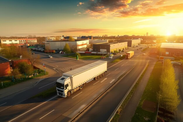 Aerial View of White Semi Truck with Cargo Trailer Moving on the Highway In the Background Warehou