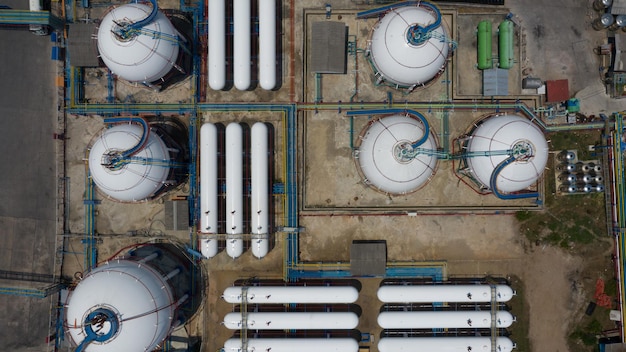 Aerial view white storage tank gas in station LPG gas LNG or LPG distribution station facility Oil and gas fuel manufacturing industry