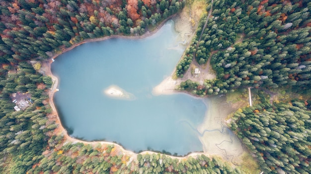 Aerial view of wild Lake Synevir in Carpathian Mountains in Ukraine. Foggy lake in summer autumn forest. Landscape photography