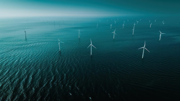 Photo aerial view of a wind farm situated offshore with turbines dotted across the water