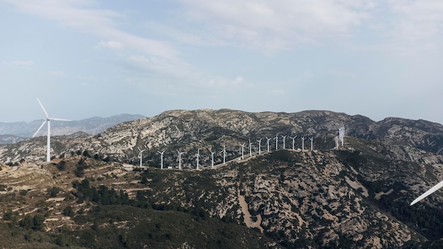 Aerial view of a wind farm Wind turbine windmills Green and sustainable energy