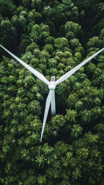 Photo aerial view of a wind turbine in a dense forest renewable energy concept