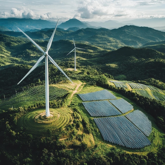 Aerial view of wind turbine in green field Alternative energy concept