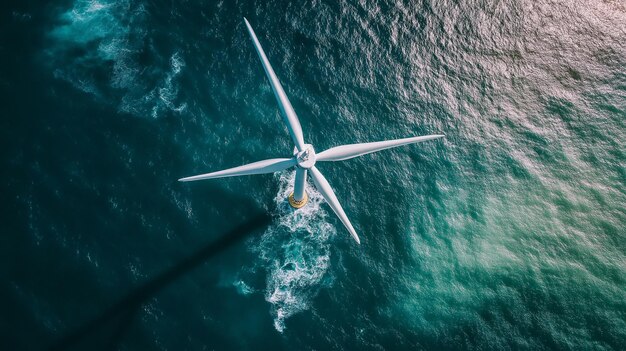 Photo aerial view of a wind turbine in the ocean generating renewable energy during sunny weather