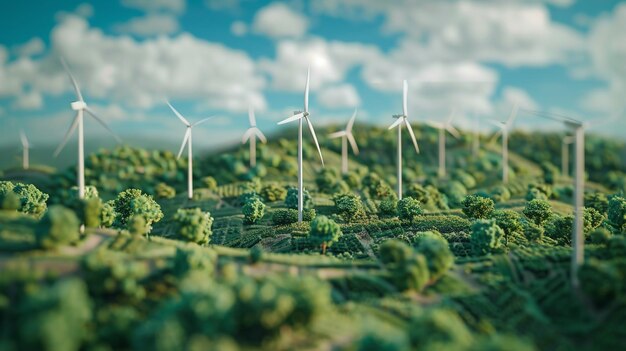 Aerial view of wind turbines in a green field 3d rendering