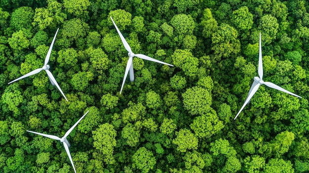 Aerial View of Wind Turbines in a Lush Forest