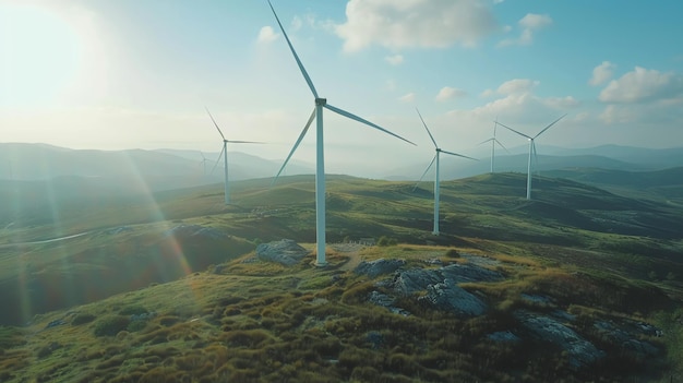 Aerial view of wind turbines on a mountainside