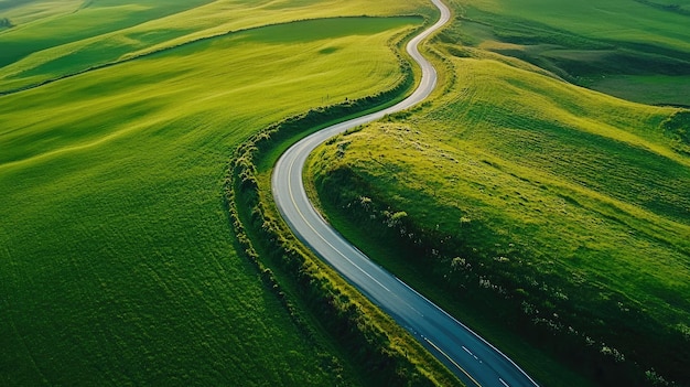 Aerial view of a winding country road cutting through green fields no cars with copy space