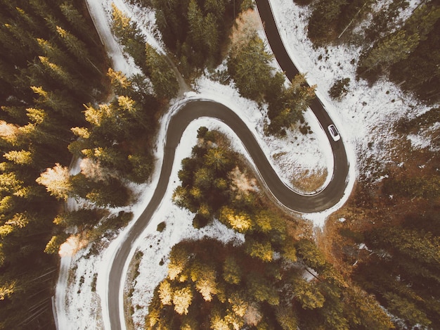 Aerial view of winding curved road with car and fall forest with autumn color trees in Italy