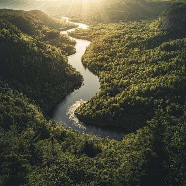 Photo aerial view of a winding river flowing through a lush green forest with the sun shining through the trees