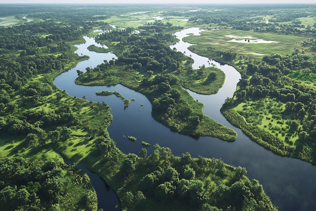 Photo aerial view of a winding river surrounded by lush greenery and open landscapes