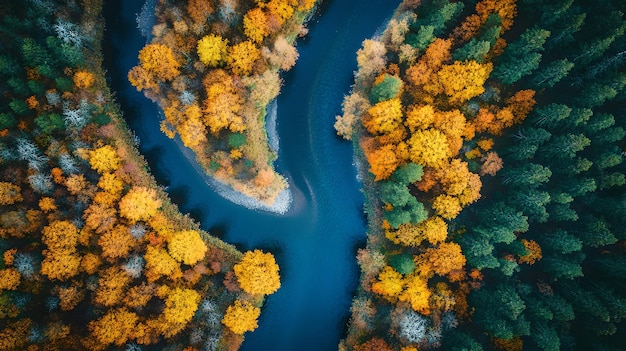 Photo aerial view of a winding river surrounded by vibrant autumn foliage