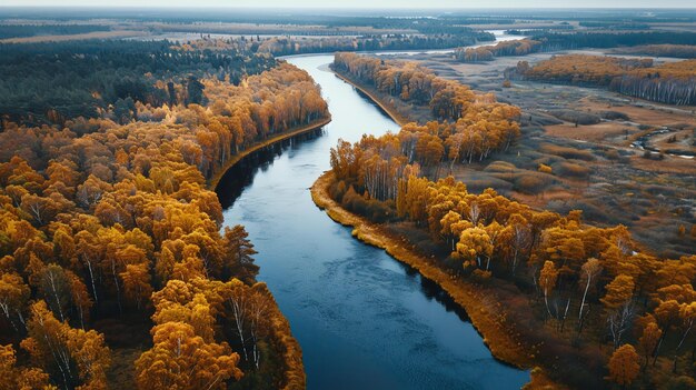 Aerial view of a winding river through an autumn forest