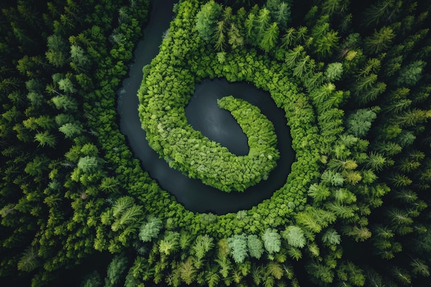 Photo aerial view of a winding river through a forest