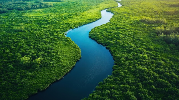 Aerial View of a Winding River Through Lush Green Forest