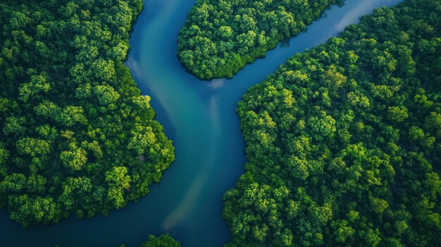 Aerial View of a Winding River Through Lush Green Forest