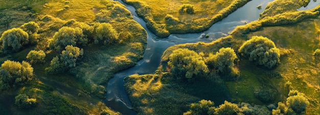 Photo aerial view of a winding river through lush green meadows and forests