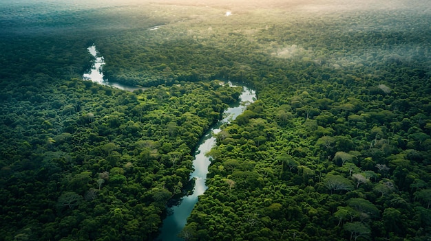 Photo aerial view of a winding river through lush green rainforest canopy