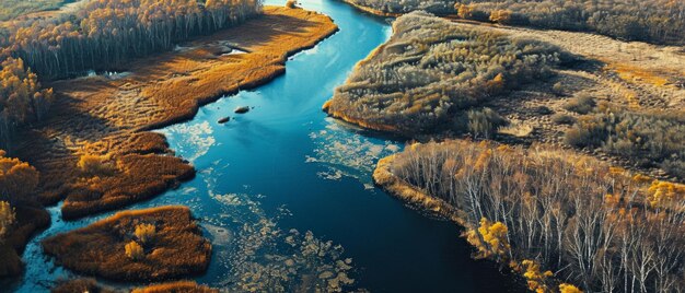 Photo an aerial view of a winding river through a vibrant autumn landscape with colorful foliage and reflective waters under a bright blue sky