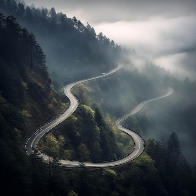 Aerial view of winding road in green forest with fog and cloud