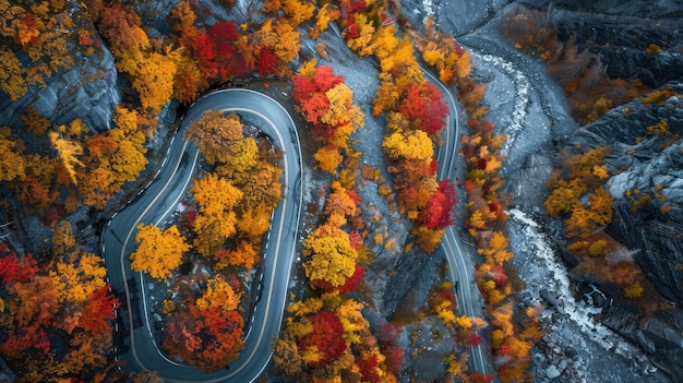 Aerial View of Winding Road Through Fall Foliage