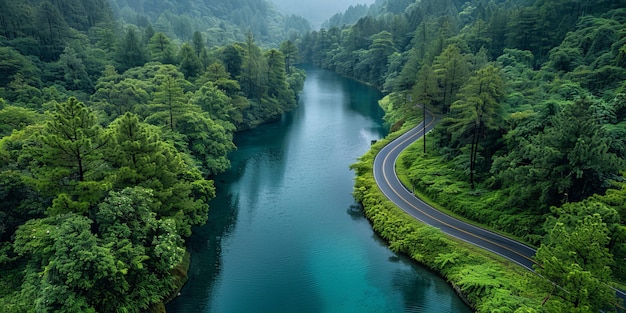 Aerial view of a winding road through a lush green forest alongside a serene river