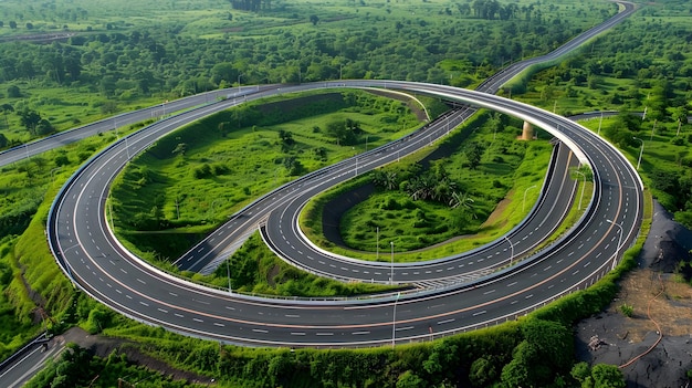 Aerial view of a winding scenic highway with curving overpass interchanges in green forest landscape