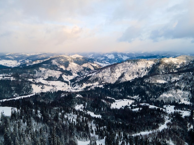 Aerial view of winter carpathian mountains landscape