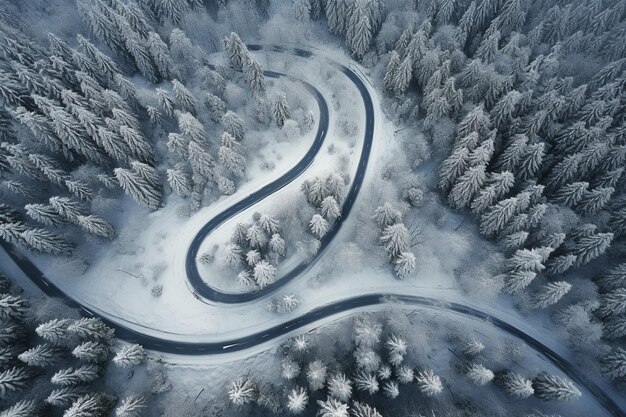 Aerial view of winter road in the forest Beautiful winter landscape