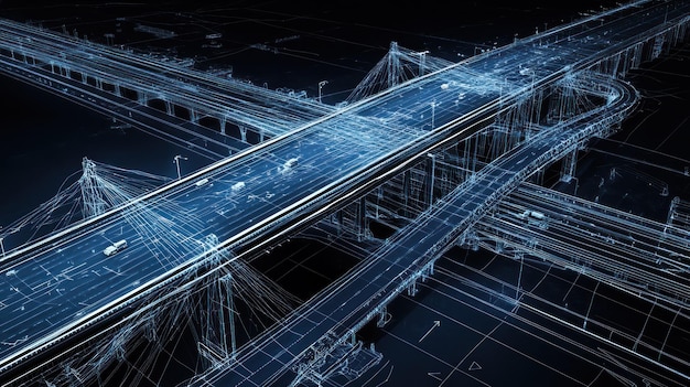 Aerial View of a Wireframe City Road Network