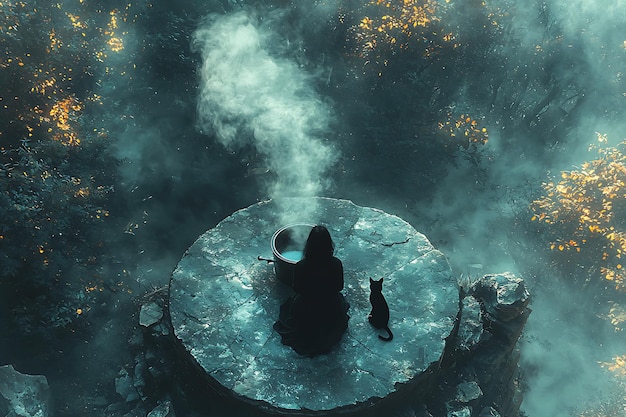 Photo an aerial view of a witchs lair in a dense forest with smoke rising from a cauldron a black cat