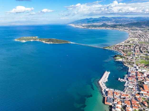 Aerial view with drone of the seaside town Urla Cesmealti in Izmir, Turkey. Iskele port.