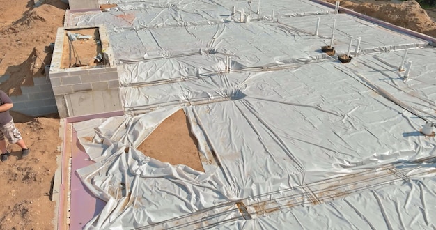 Aerial view with pvc pipe for building sewage drainage systems underground for new home