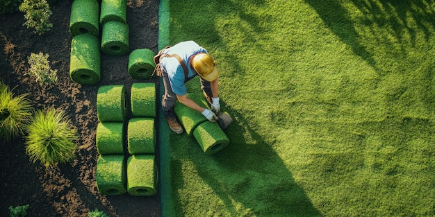 Photo aerial view of a worker installing artificial grass in a yard