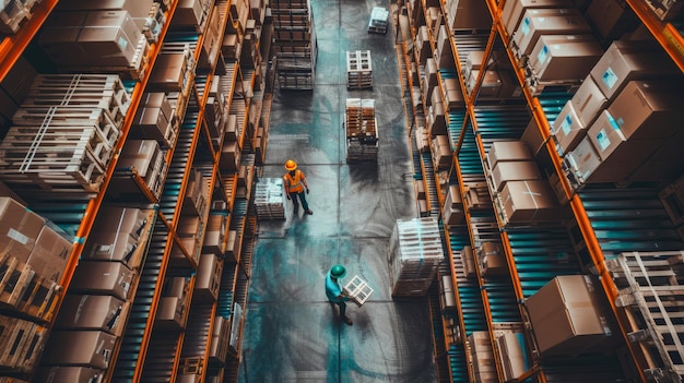 Aerial view of workers managing inventory in a large warehouse