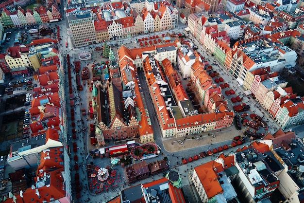 Aerial view of Wroclaw Rynek market square during Christmas holidays