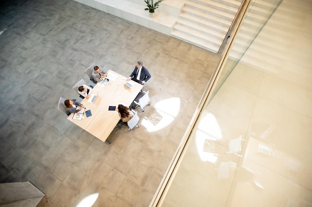 Aerial view young startup team working in the modern office