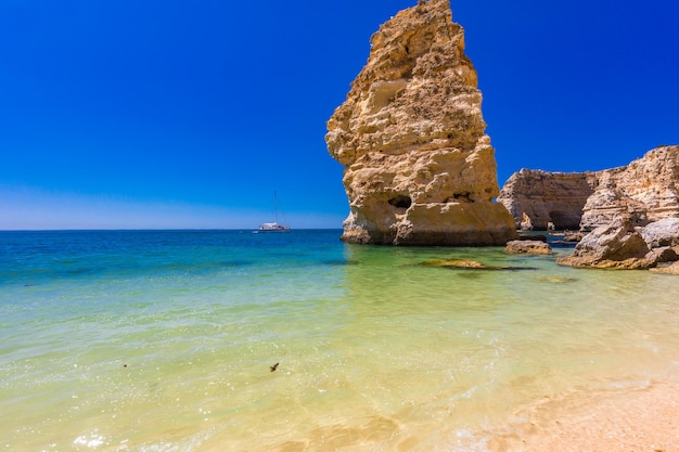 Aerial views of Praia da Marinha and Malhada do Baraco beaches in Algarve Portugal