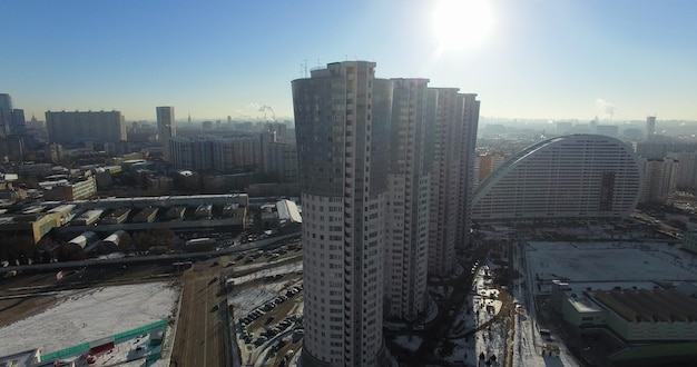 Aerial winter cityscape of moscow with modern apartment buildings russia