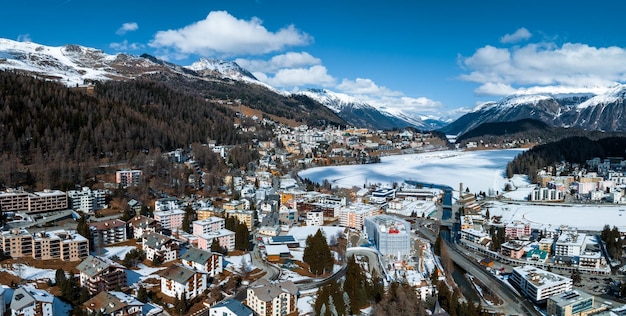 Aerial winter view of the worldwide famous ski resort of st moritz graubunden