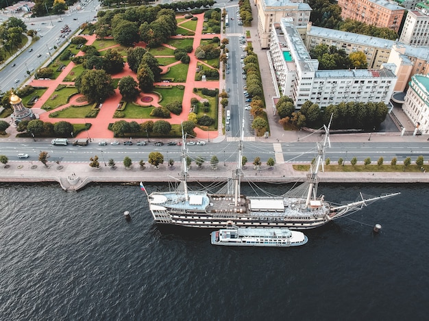 Aerialphoto vintage frigate sailing ship. St. Petersburg, Russia. Flatley