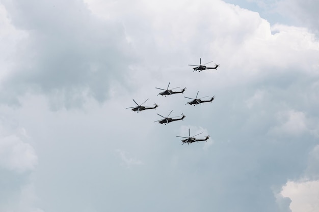 Aerobatic team Berkut on Mil Mi28 Havoc attack helicopters a demonstration flight 15th of May 2021 Kubinka Moscow region