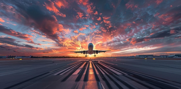 Photo aeroplane taking off from an airport runway at sunset