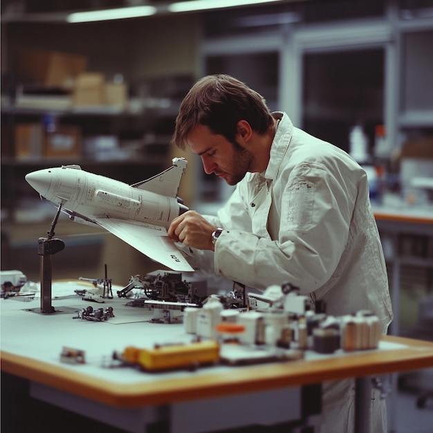 An aerospace engineer working on a spacecraft model in a laboratory